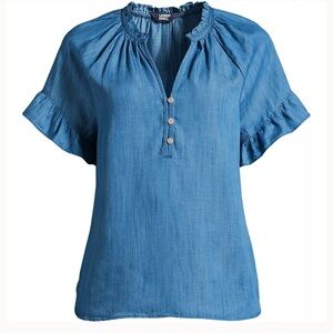 Lands’ End Chambray Ruffle Neck Blouse Medium